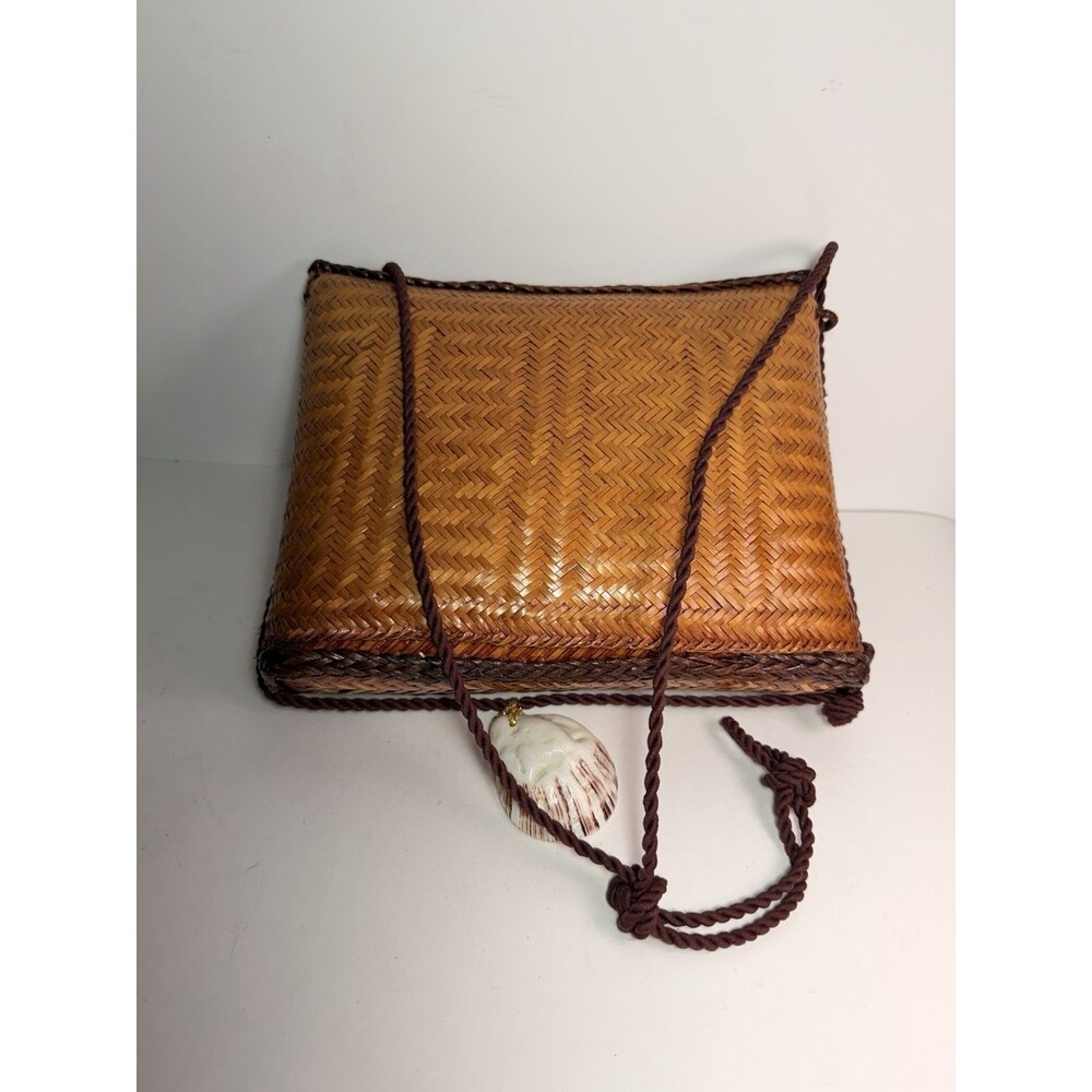 Vintage Handwoven Bamboo Basket Crossbody Bag Set with Seashell Charm